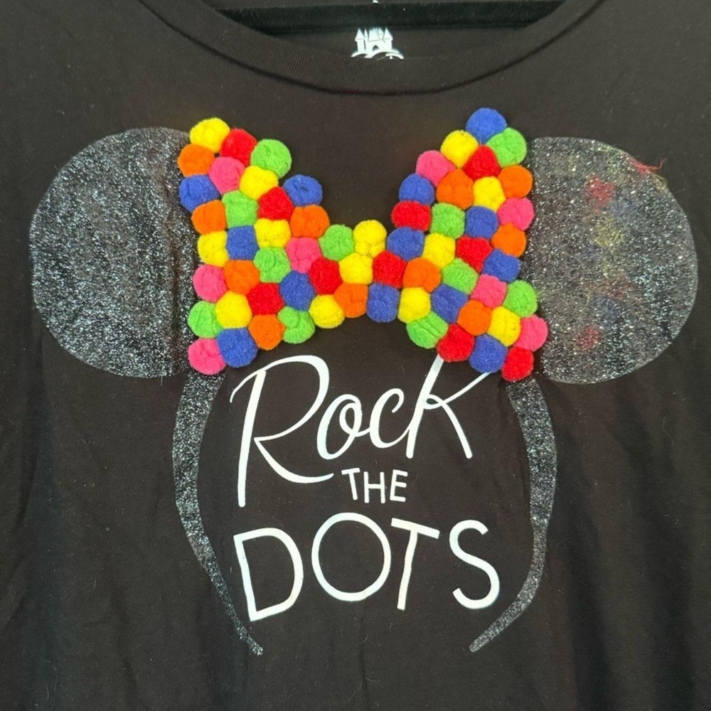 Disney Parks NWOT M Rock The Dots Black Tee Pom Bow Graphic Tee READ FLAWS